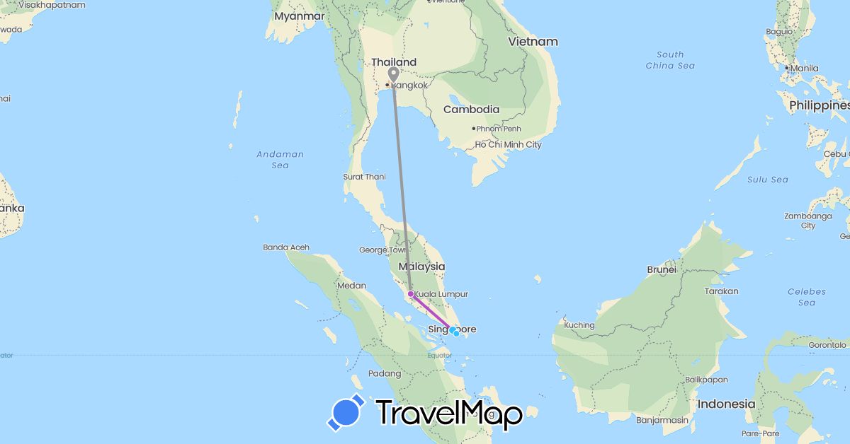 TravelMap itinerary: driving, plane, train, boat in Indonesia, Malaysia, Singapore, Thailand (Asia)